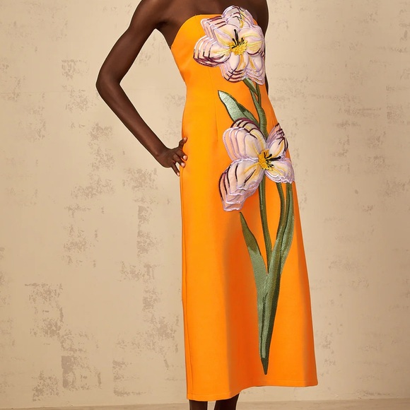 Vibrant Orange Strapless Dress with Floral Design - Picture 1 of 7